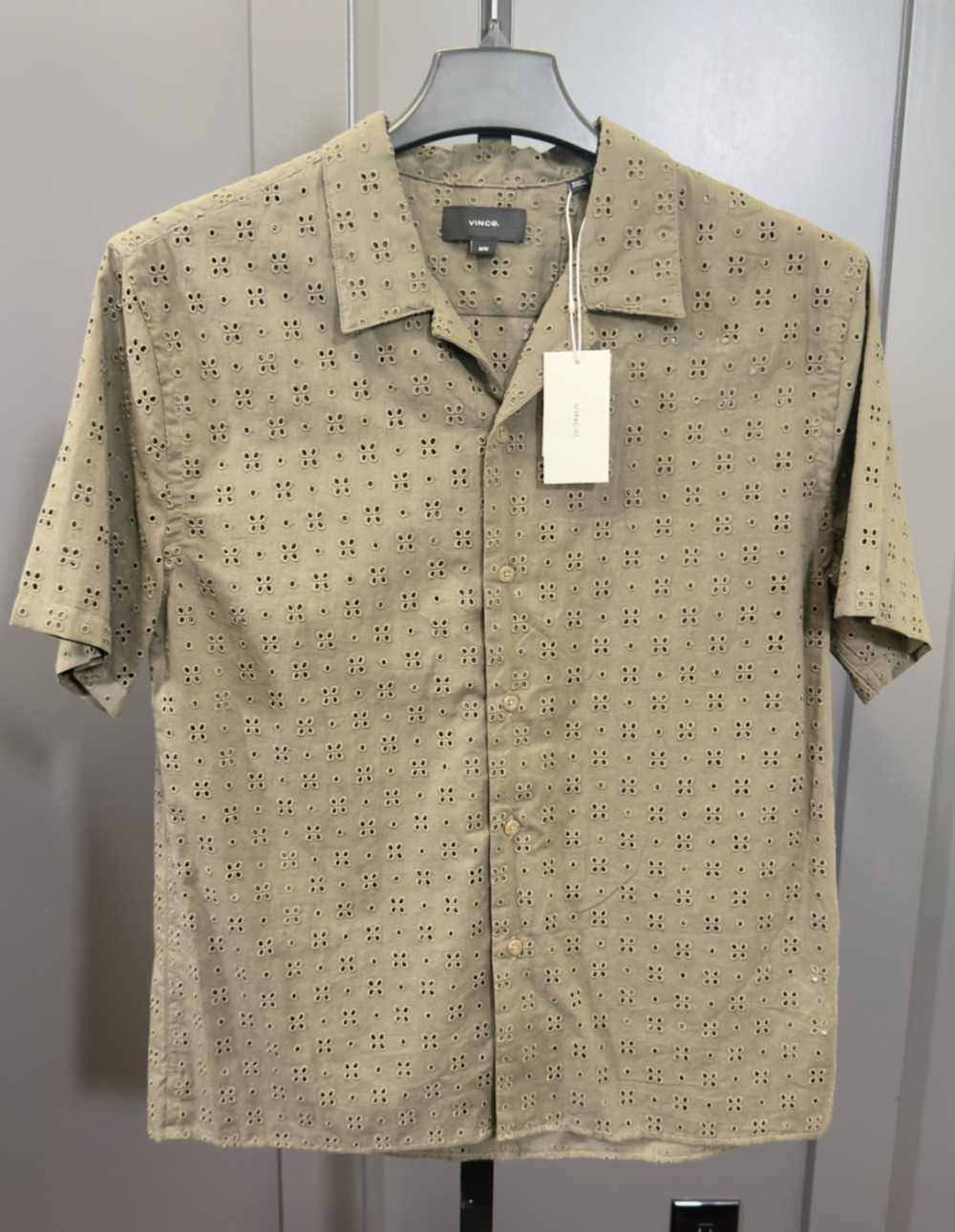 VINCE. Short Sleeve Eyelet Embroidered Shirt Olive Green M NWT